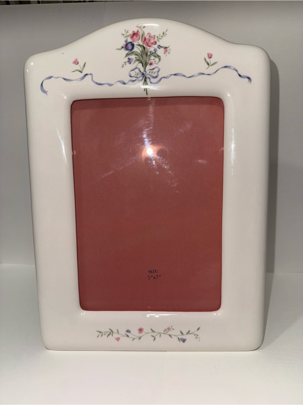 Source Unknown White Ceramic Picture Frame with Pink Mat and Floral Accents